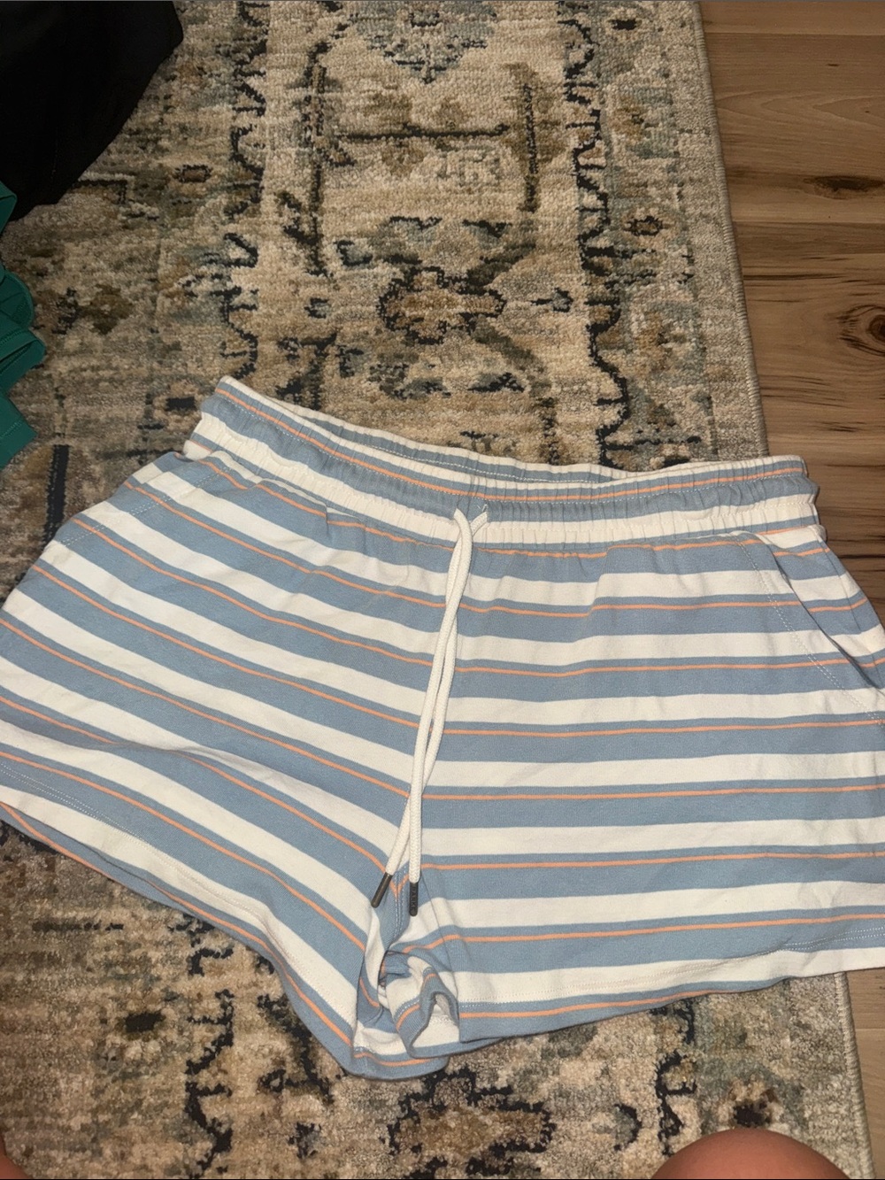 Women’s Striped Athletic Drawstring Shorts in Light Blue and White